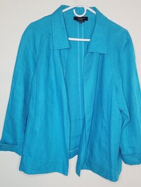 Talbots Pure Irish Linen Open Jacket Pockets 3/4 Sleeves Size S Teal Blue Casual